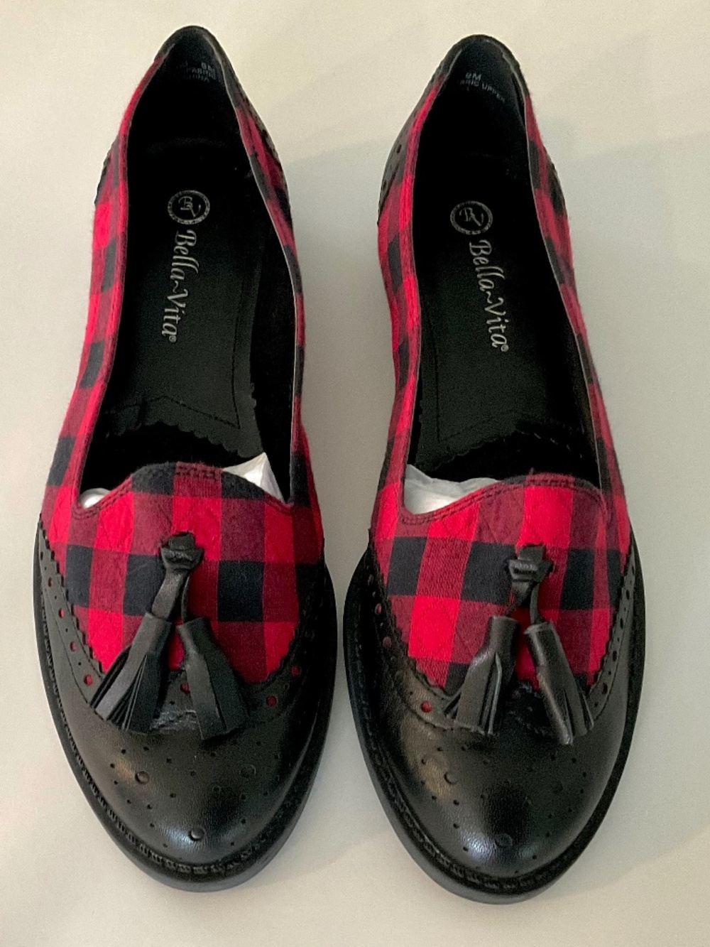 BELLA VITA Loafer Black Red Plaid Tassel Size 9